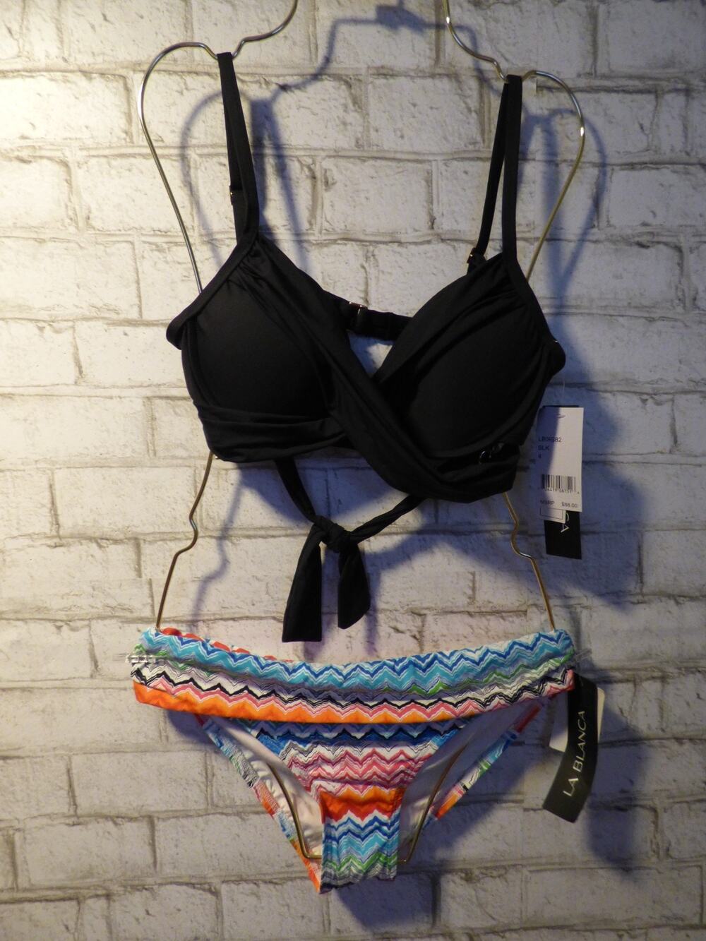 $143 La Blanca Black Underwire Wrap Top Foldover Bikini Swim Set Size 4 NEW L604
